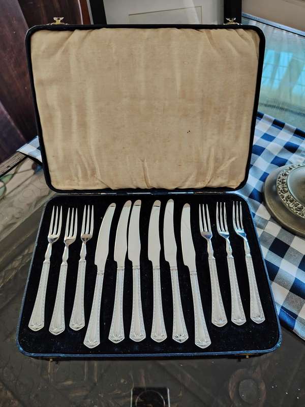 Beautiful vintage stainless boxed set fruit knives and forks