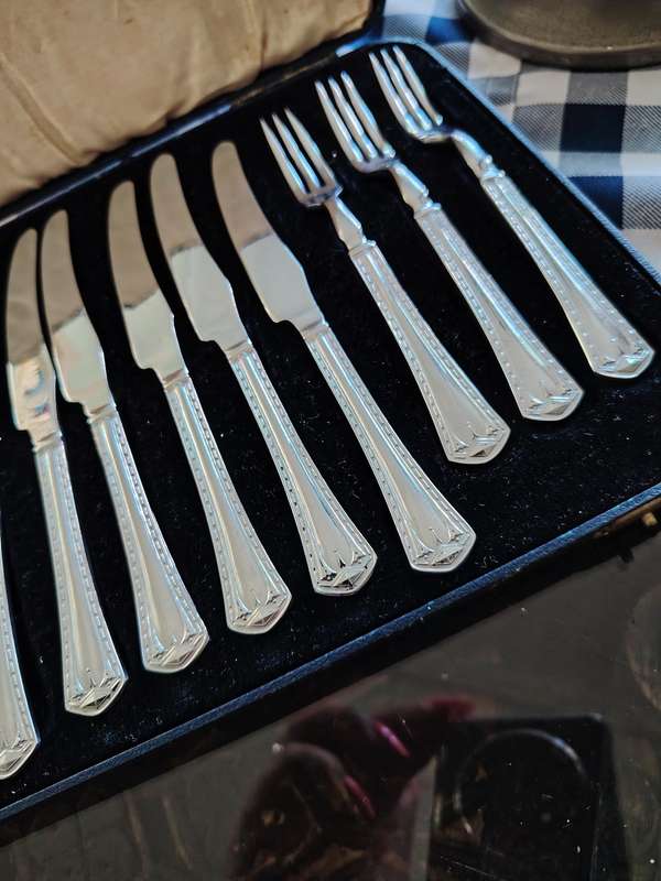 Beautiful vintage stainless boxed set fruit knives and forks