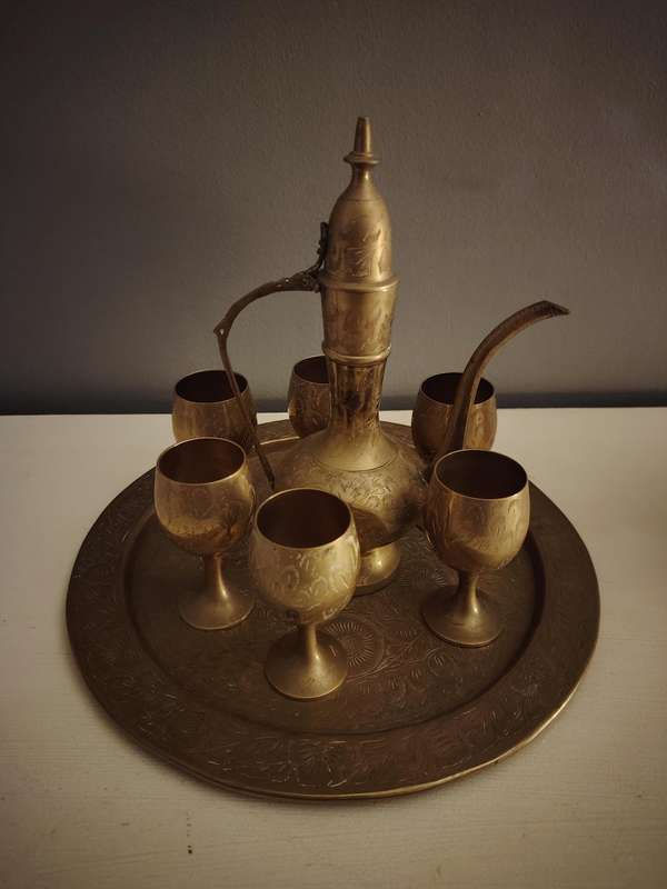 Beautiful brass tray with decanter and sherry glasses