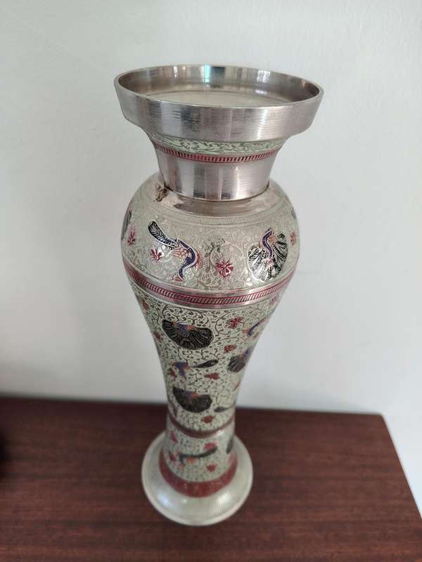 Stunning brass enamel etched vase
