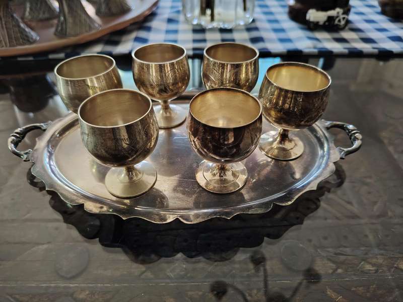 Beautiful small plated tray with sherry glasses