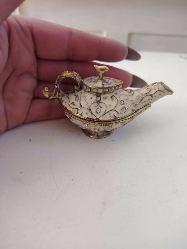 Vintage Lamp Enamel Bejeweled Trinket Box.