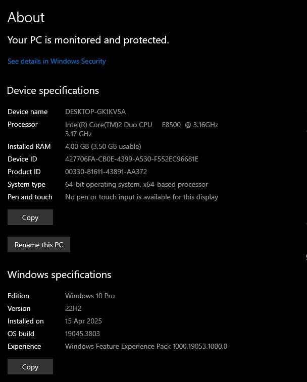 Windows 10 Desktop PC, GT 440 1Gb GPU, Core2 Duo CPU, 4Gb RAM, 120Gb SSD, DVD