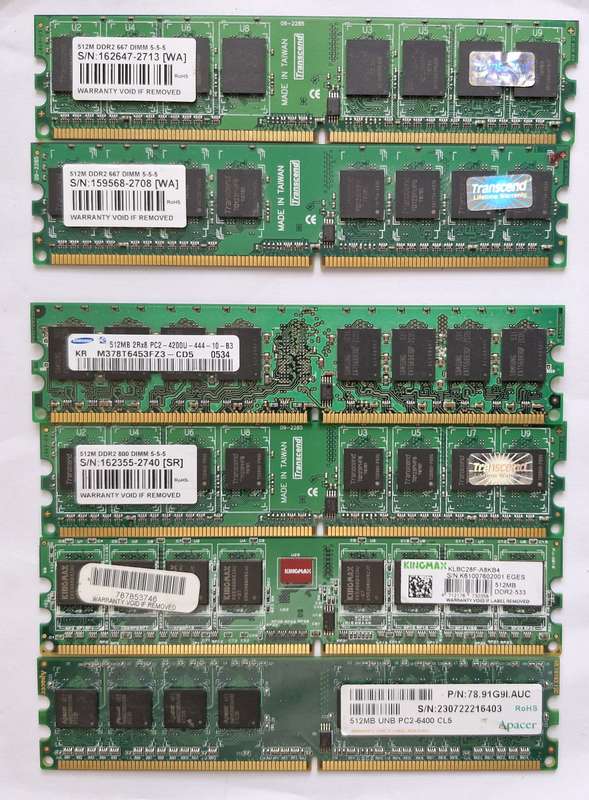 Set of 6 x 512Mb DDR2 RAM, 240 pin for PC