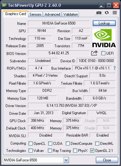 GeForce 6500 128Mb Graphics card
