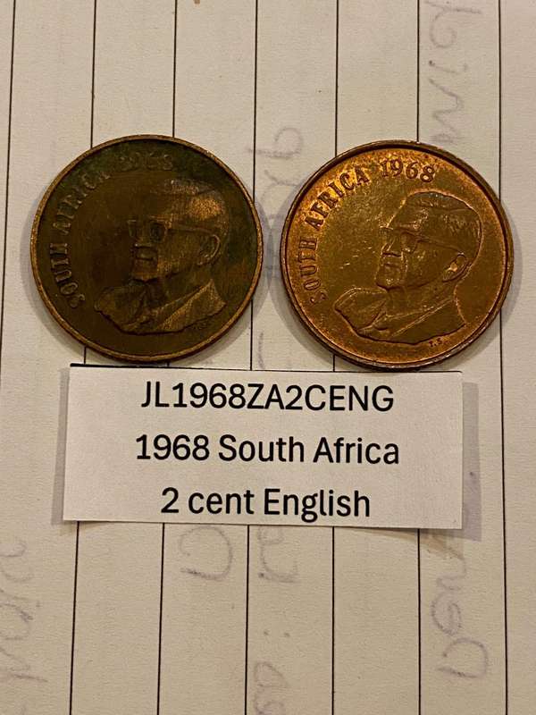 1968 South Africa 2 cent - ENGLISH - BID PER COIN