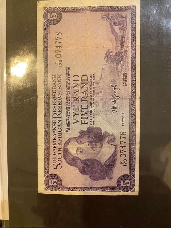 1967 TW De Jongh 1st Issue Afr/Eng Five Rand Banknote