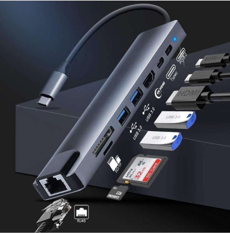 FOYU 8 in 1 USB C Hub Type C Adapter with HDTV/PD/2USB/TC/SD/TF/RJ45 (B3442)