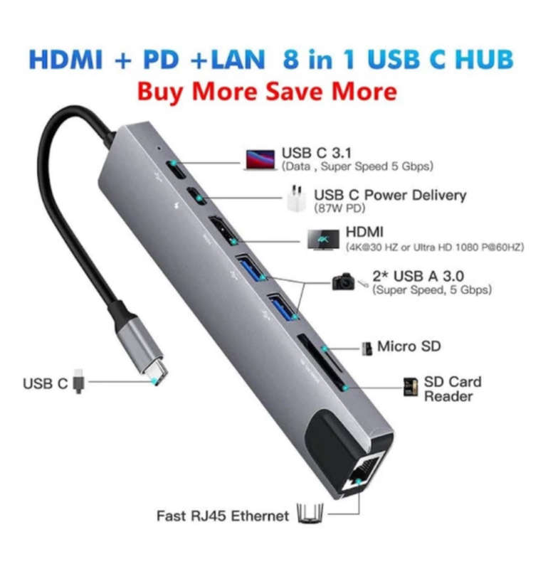 FOYU 8 in 1 USB C Hub Type C Adapter with HDTV/PD/2USB/TC/SD/TF/RJ45 (B3442)