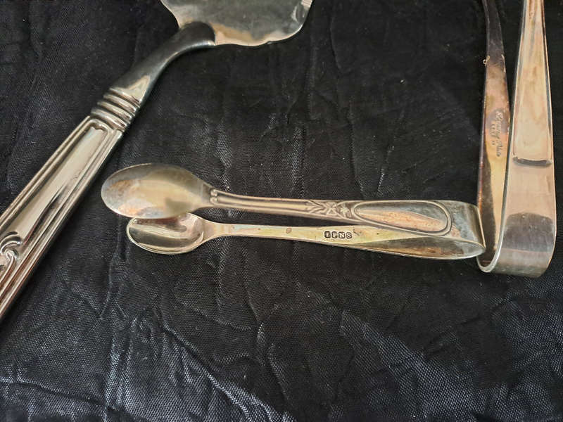 Silver plated Cake lifter, ice and sugar tongs etc.