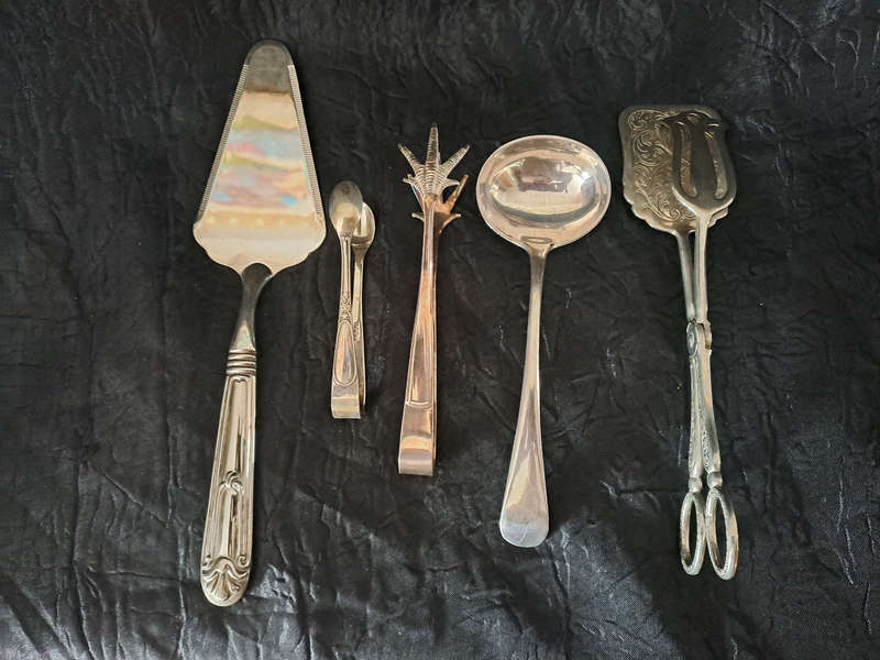 Silver plated Cake lifter, ice and sugar tongs etc.