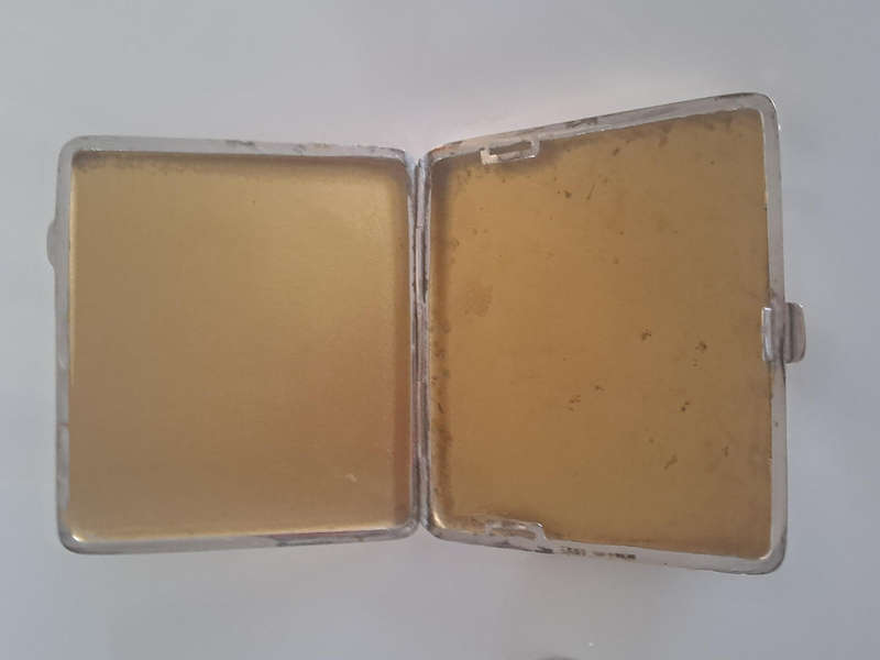 Metal and glass vintage perfume bottle, 8cm tall and silverplated cigarette case