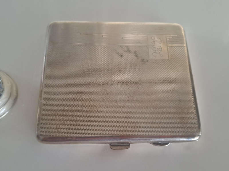 Metal and glass vintage perfume bottle, 8cm tall and silverplated cigarette case