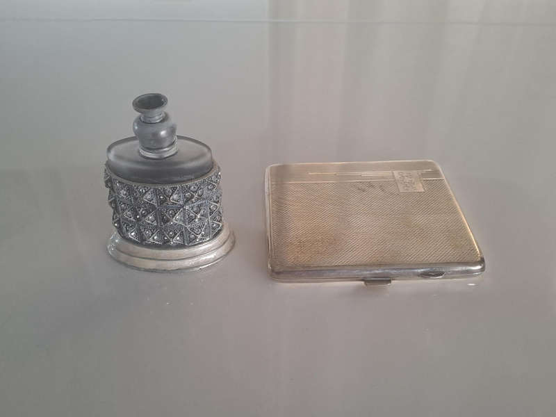 Metal and glass vintage perfume bottle, 8cm tall and silverplated cigarette case