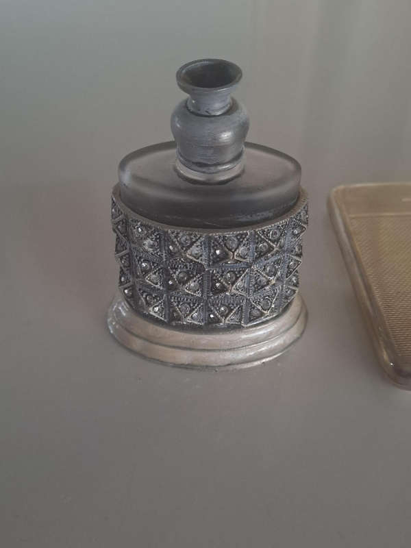 Metal and glass vintage perfume bottle, 8cm tall and silverplated cigarette case