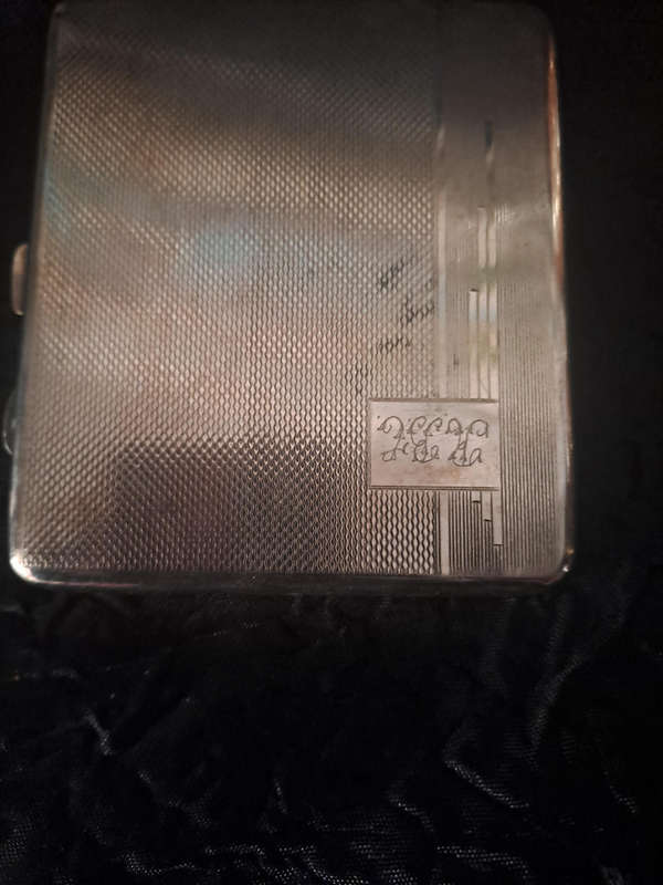 Metal and glass vintage perfume bottle, 8cm tall and silverplated cigarette case