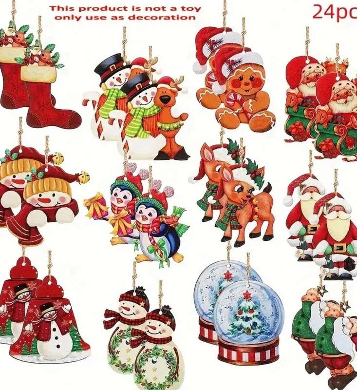 24pcs Set of Festive Wooden Christmas Ornaments