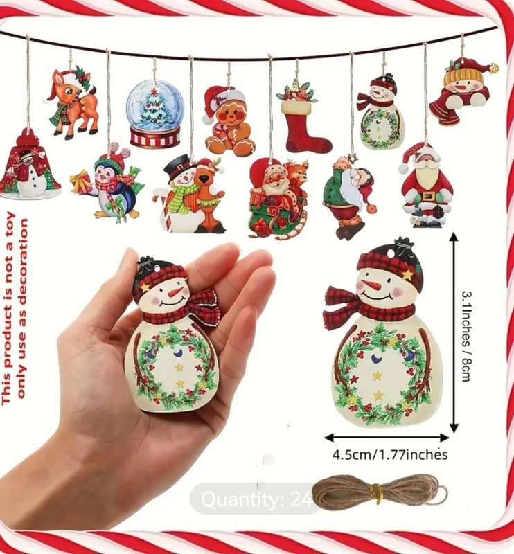 24pcs Set of Festive Wooden Christmas Ornaments