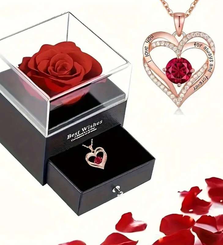 Elegant Preserved Red Rose and Heart-Shaped Pendant Necklace Gift Set for Her