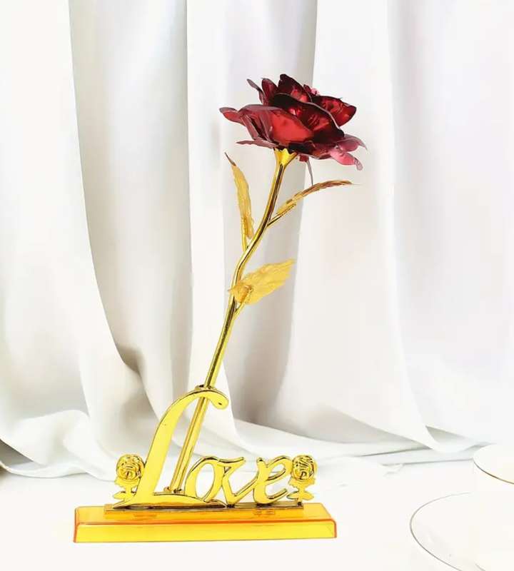 2pcs/Set Artificial Golden Foil Rose with Love Base - Red