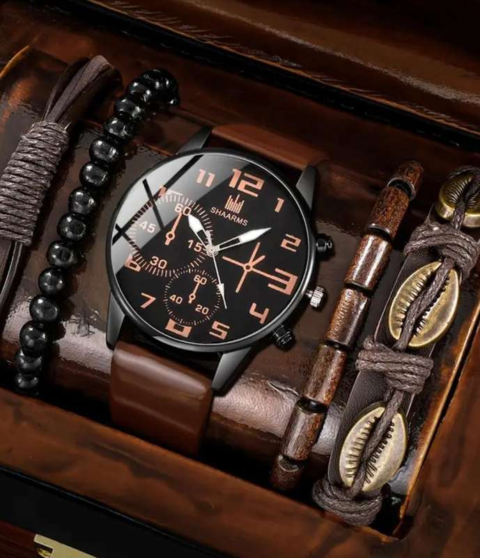 5pcs Men's Fashion Quartz Watch & Bracelet Set