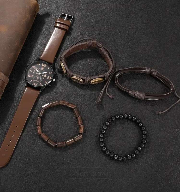 5pcs Men's Fashion Quartz Watch & Bracelet Set