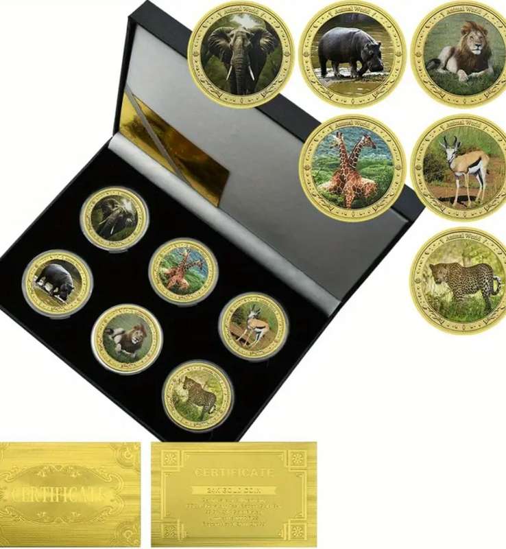 6 Pc African Rare Animal Commemorative Coin Collection. Box Included.