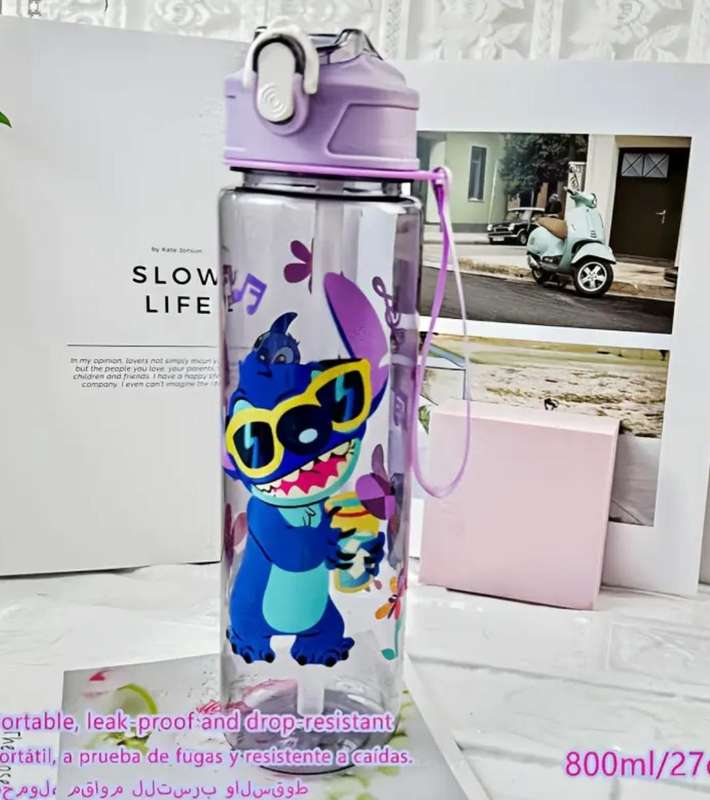 Stitch Cartoon Water Bottle with Handle & Straw, 800ml - Purple