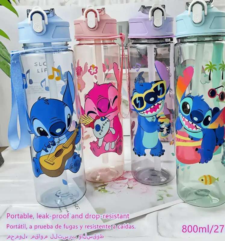 Stitch Cartoon Water Bottle with Handle & Straw, 800ml - Purple