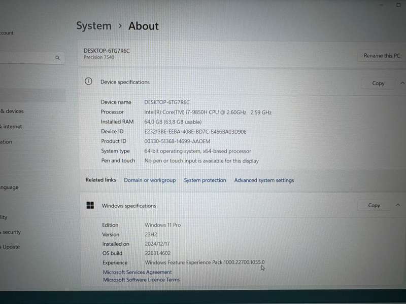 Dell Precision 7540 i7 9th Gen, 64GB RAM, 4GB Nvidia, 3 x SSDs