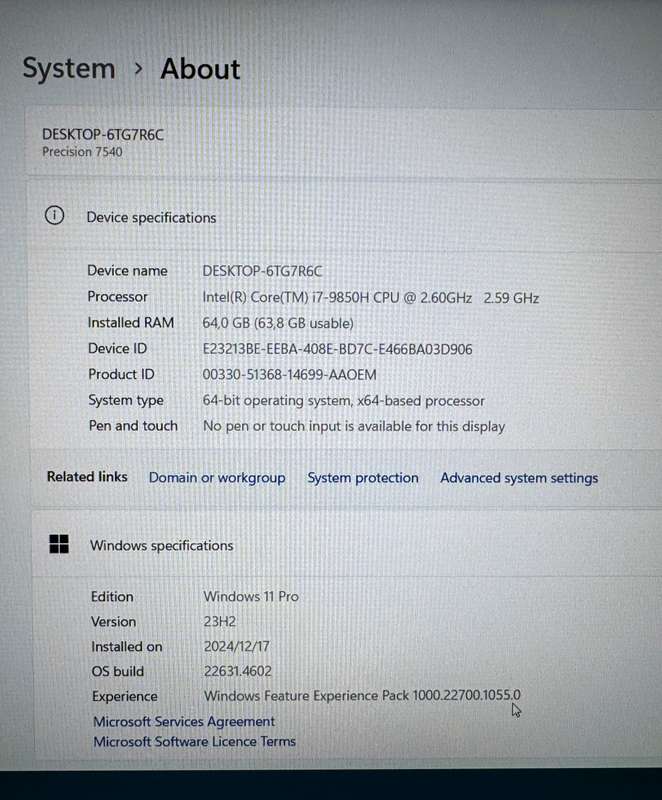 Dell Precision 7540 i7 9th Gen, 64GB RAM, 4GB Nvidia, 3 x SSDs