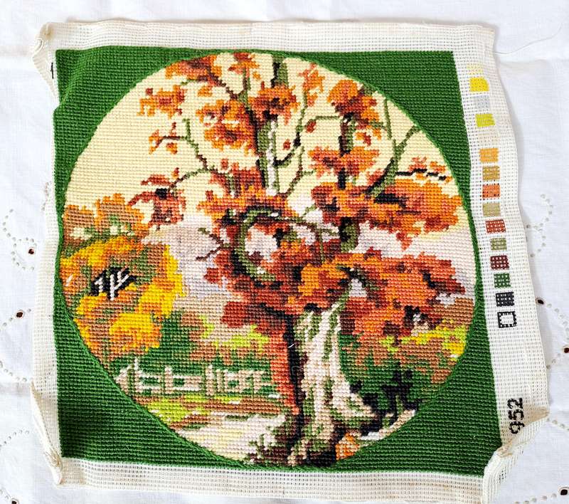 Completed tapestry of an autumn scene 30 x 30 cm