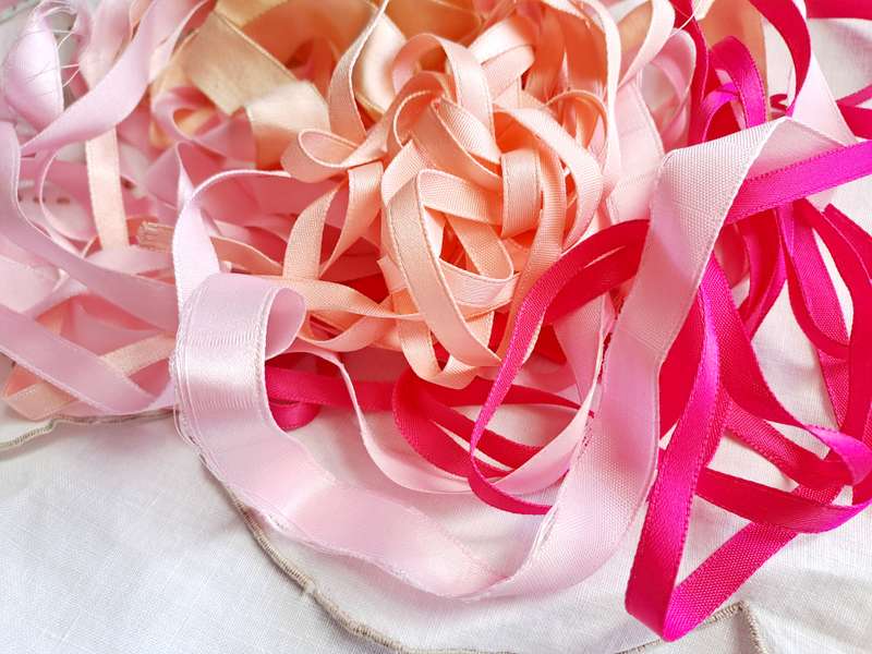 Bunch of pink mixed satin ribbons - 1-2cm wide, 10 metres in total