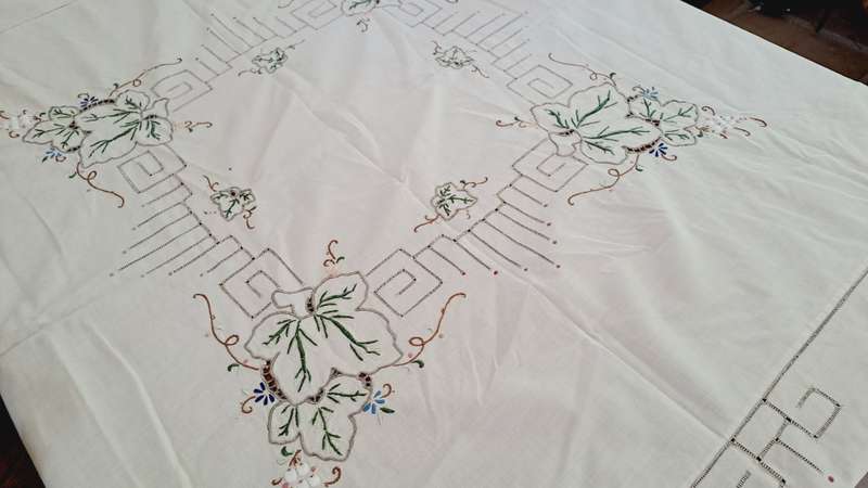 Cream cotton tablecloth with colourful embroidery - 120 x 120 cm