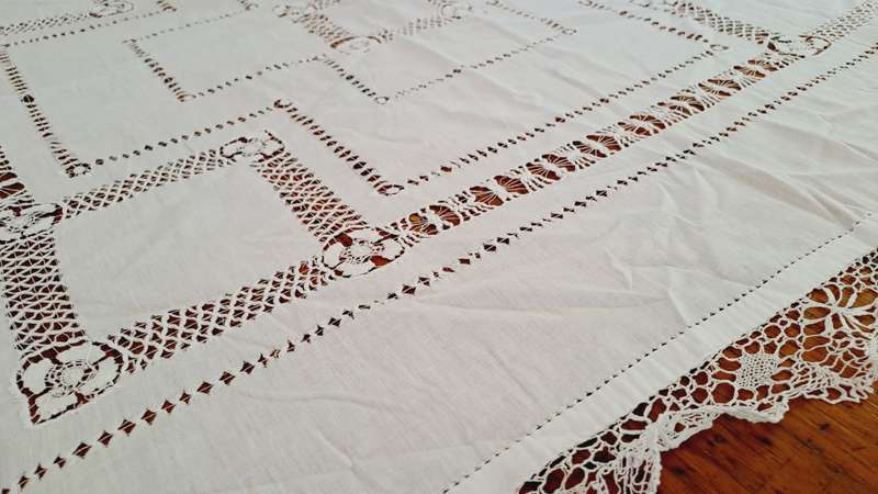 White embroidered tablecloth with drawn thread detail 100 x 100 cotton