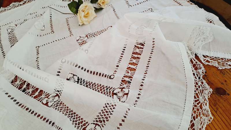 White embroidered tablecloth with drawn thread detail 100 x 100 cotton