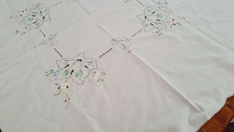 Small, cream cotton tablecloth with colourful embroidery - 84 x 84 cm