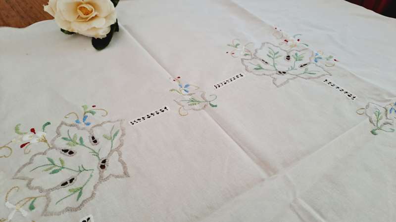 Small, cream cotton tablecloth with colourful embroidery - 84 x 84 cm