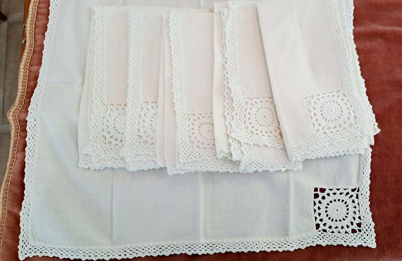 6 cotton napkins -crochet insert - 40 x 40cm