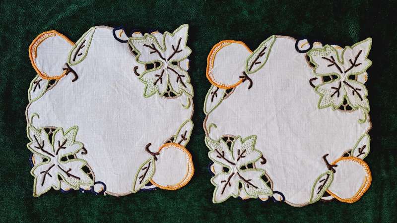 2 small embroidered mats 13cm x 13cm