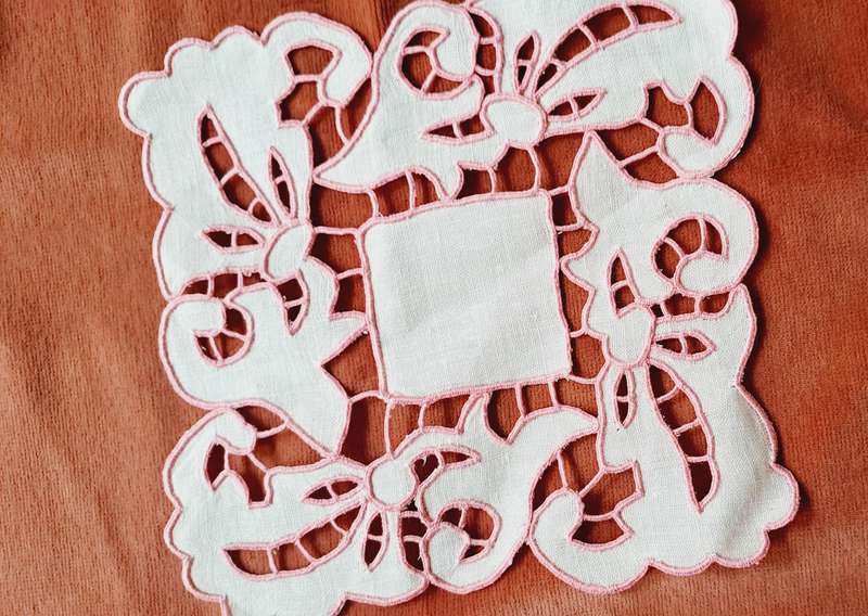 Small, square, embroidered doily mat 15 x 15cm