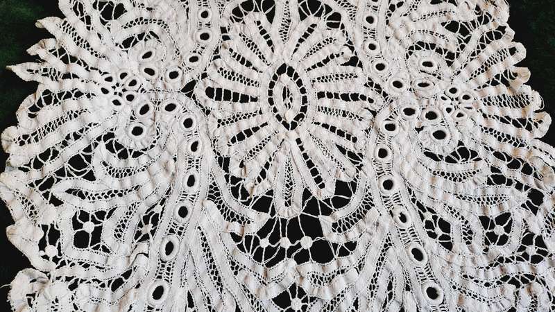 Large, battenburg lace doilie, oval shaped 82 cm long