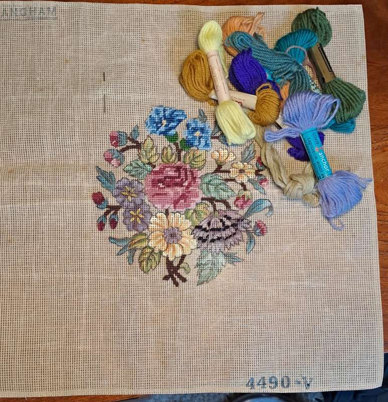 Tapestry canvas and some yarns - it is half complete - 45 x 45cm