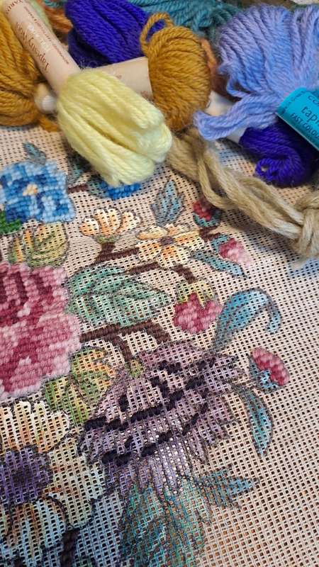 Tapestry canvas and some yarns - it is half complete - 45 x 45cm