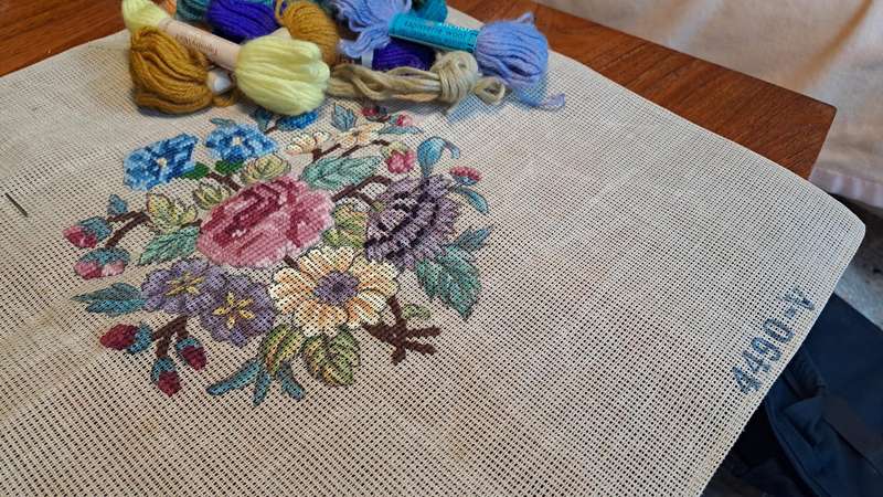 Tapestry canvas and some yarns - it is half complete - 45 x 45cm