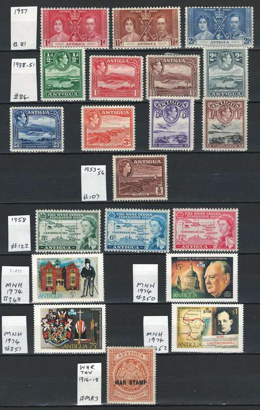 Antigua (British) 1937 to 1974. General Issues & War Stamp (see scan for Scott #)