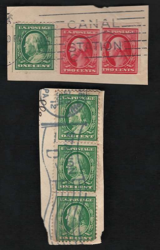 USA-Scott 1908 P12 #331 1c Green (4x)  & Imperf #344 2c Carmine (2x) - On Piece