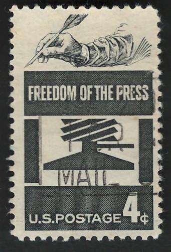 USA 1958 Freedom of Press: Early Press and Hand Holding Quill. Scott #1119