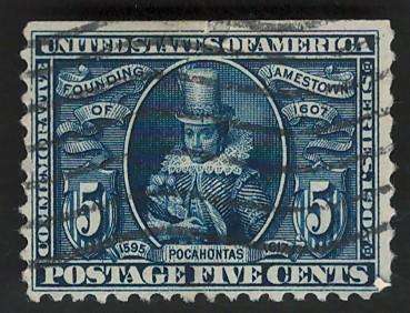 USA-Scott 1907 Jamestown Expo: Pocahontas #330 5c Blue. Price R35 (cv R627)
