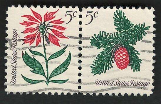USA 1964 Christmas: Poinsettia & Sprig of Conifer. Scott #1256 & #1257
